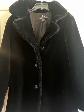 blanc noir Black Faux Fur Collar Pea Coat
